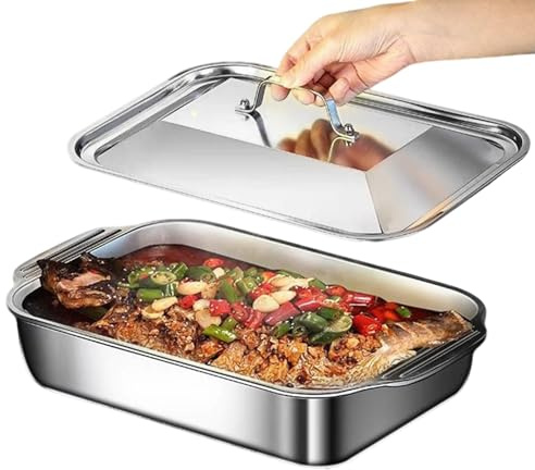 Teglia Da Forno In Acciaio Inossidabile | Terrina da Forno con Coperchio e Manico,Stampo Rettangolare Per Torte | per Torta, Pane, Biscotti, Pizza, Cucina, Casa, Festa e Cottura