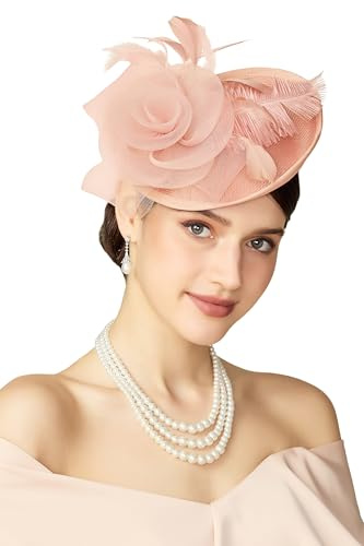 BABEYOND Damen Fascinator Hut mit Federn und Mesh-Blumen Pillbox Hüte, Elegante Kopfbedeckung mit Haarclip für Hochzeiten, Damen Race Day, Cocktail Party Pfirsichfarben | ascot, federn, mesh-blumen, pillbox-design, ideal für hochzeiten, rennen & partys