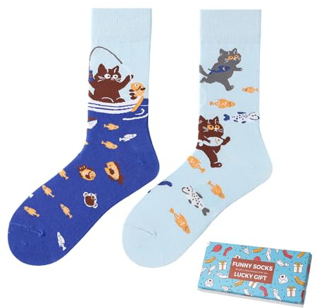 NxnChc Calcetines Divertidos Unisex para Mujer y Hombre con Diseños Asimétricos en Par - Temas Gatito pescando Animales, Comida, Fruta, Deporte y Arte en Algodón - Ideal para Regalos
