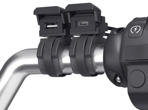 Wodsty Cargador USB C Pd y USB A F para motocicleta con cubierta impermeable, 30 W USB C Pd y 18 W USB A puertos duales, entrada de 12 V-24 V, soporte de manillar para motocicleta y scooter