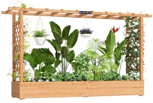 Outsunny Garden Planter with Trellis, 200 x 44 x 113.5 cm, Natural | Wooden Raised Bed, Hanging Roof, Drainage Holes, Outdoor Trellis Planter Box, for Garden Vegetables Herbs and Flowers