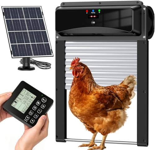 MASTERFUN Automatische Hühnerklappe Solar mit 120 m Funkfernbedienung, Hühnerklappe Automatisch Rolltür mit 120° Bewegungserkennung, Timer, Intelligenter Einklemmschutz Elektrische Hühnertür