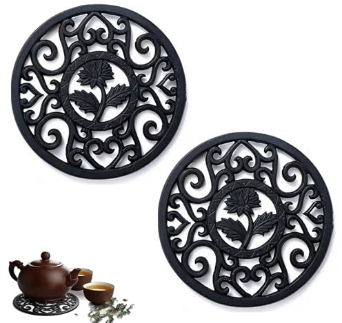 2 Pcs 11.5cm Cast Iron Trivet, Round Teapot Stand, Non-slip Metal Teapot Mat with Vintage Carved Pattern for Heat-Insulation, Dining Decor, Gift (Black)