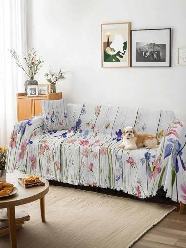Spring Floral Sofa Cover Blanket Couch Covers for Armchair Cushion,Couch Sofa Silpcover with Tassel,Summer Botanical Flowers Vintage Living Room Bedroom Throw Towel Blanket Covers XX-L 71x150