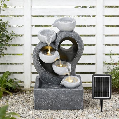 BTGGG Solar Water Fountain Cascading Bowl Heart Shaped Outdoor Garden Water Feature Solar Powered Outdoor Garden Water Fountain with Lights,Decorative Solar Waterfall Decorations for Garden,Yard