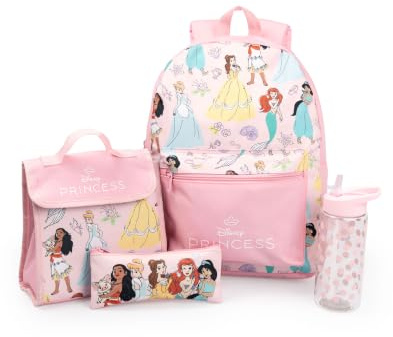 Disney Princess Cinderella Belle Ariel Pink 4 Piece Backpack Set | Lunch Bag, Pencil Case & Water Bottle | Girls School Bag Merch