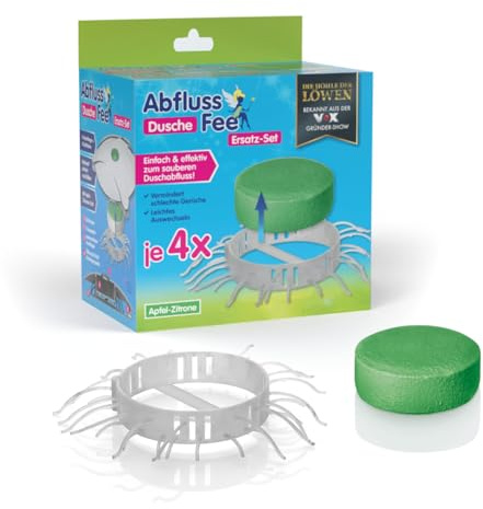 Abflussfee Nachfüllpack für die Dusche (Mit Haarfänger und Duftstein) (4X Duftstein Apfel-Zitrone & 4X Haarfänger
