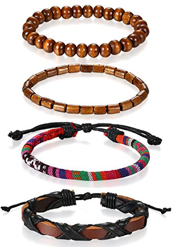 Flongo 4 Stück Leder Holz Armband Armreif Lederarmband Kordelkette Seil Schwarz Braun Mehrfarbig Geflochten Surfer Wickeln Motorradfahrer Verstellbar Einstellbar Herren,Damen