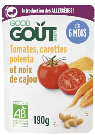 Good Goût - Tomates, Carottes, Polenta et noix de cajou - Plat Cuisiné Pour Bébé - Introduction des allergènes - Dès 6 Mois - Purée lisse - Fabriqué En France - Sachets Micro-Ondables - 190g