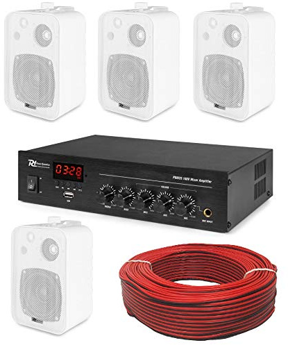 IMPIANTO AUDIO FILODIFFUSIONE PUB LOCALI LINEA 100V amplificatore + 4 diffusori acustici casse parete + 100 mt. cavo