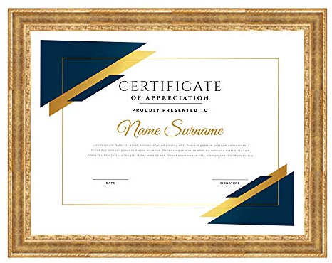 Lupia - Cornice per Attestati in Legno, ROVESCIA Barocco Oro, pergamene, diplomi, Compatibile Formati Vari, Protezione in Acrilico, Verticale/Orizzontale, Foto, Stampe, da Parete 21x29,7 cm A4