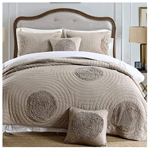 Boutis Coton Blanc Couvre Lit Matelassé de Luxe pour 2 Personnes Dessus De Lit, Couvre-lit D'été Matelassé avec 2 Taies d'oreiller (Color : Khaki, Size : 240x260cm/94x102in)