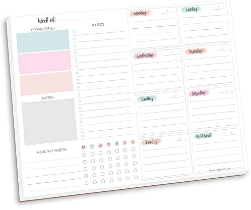 bloom daily planners Horizontal Weekly To Do List Notepad with 60 Undated Sheets - Weekly Desk Planner or Chore Pad with Priorities & Habit Tracker - 8.5” x 11” - Pastel