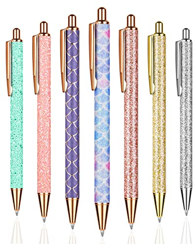 OSDUE Bling Metallstifte, 7 Stücke Glitzer Metall Kugelschreiber, Einziehbare Kugelschreiber, Rose Gold Rosa Kugelschreiber für Schule Büro Bedarf, 1,0 mm, Schwarze Tinte