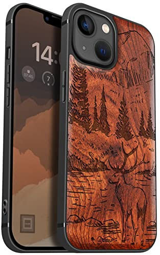 Carveit Holz Hülle für iPhone 13, Pflaumenfarbe-Berge und Hirsche | Cover kompatibel MagSafe [Holz und TPU Silikon Hybrid Hull] Magnetisch Case für iPhone 13 Handyhülle