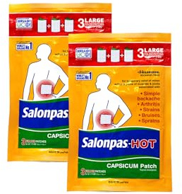 Salonpas Pain Relieving HOT Capsicum Patch, 3 Count per Pack Pack, for Back, Neck, Shoulder, Knee Pain and Muscle Soreness, 8 Hour Pain Relief Pack of 2