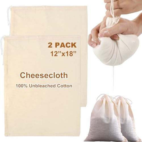 FTONOM5 2 Pack Large Cheese Cloth Bags for Straining - Cotton Muslin Bags Nut Milk Bag Reusable Nutmilk Mesh Bag for Cheesecloth for Straining Liquid - Fine Mesh and Drawstring Closure (12x18)