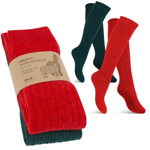 Celodoro Calcetines de lana para hombre y mujer con lana de alpaca en paquete de 2 unidades, Rojo-verde rodilla, 39-42