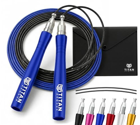 Titan Armour® Premium-Springseil für Erwachsene, selbstsichernd, verstellbar, 2 x Stahlseile, Kabelschutz und Reiseetui, Profi-Springseil: Fitness, Crossfit, Boxen, MMA