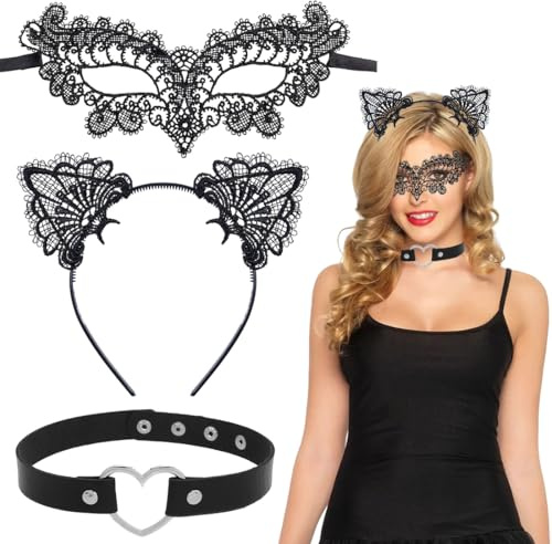 Wishstar Katzenkostüm Damen,Faschingskostüm Set mit Katzenohren Haarreif Lace venezianische Maske Herz Choker,Spitzen Maskenmaske für Frauen,Faschingskostüm Damen Cosplay Karneval Party