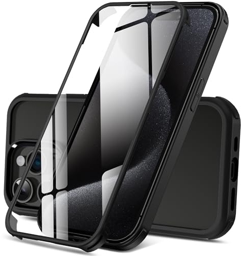 DOSNTO Doppelseitig Durchsichtig Hülle für iPhone 15 Pro Max (6.7''), 360 Grad Ganzkörper Stoßfeste Fallschutz Transparent Handyhülle Eingebauter Gehärtetem Glas Displayschutzfolie, Schwarz