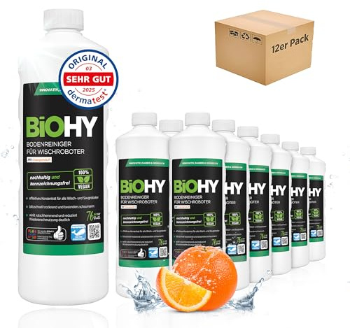 BiOHY Nettoyant pour sols pour robots de nettoyage avec parfum d'orange (12 x 1l Bouteille) | Concentré de nettoyant pour tous les robots de nettoyage | Sans mousse (Wischroboter Orange)