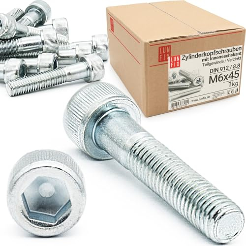LUN FIX Zylinderkopfschrauben M6 x 45 mm 1kg ca. 80 Stk DIN 912 ISO 4762 | 8.8, Teilgewinde, Innensechskant, verzinkt Maschinenschrauben für Metallbau Maschinenbau Industrie Konstruktion