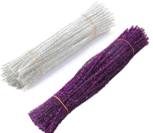 CHUYIX200 Stück Pfeifenreiniger Glitzer Chenilledraht Flauschig Biegeplüsch Basteldraht Metall-Linie Biegeplüsch für Party Geschenkverpackung Christbaumschmuck KinderhandwerkWeiß+Lila