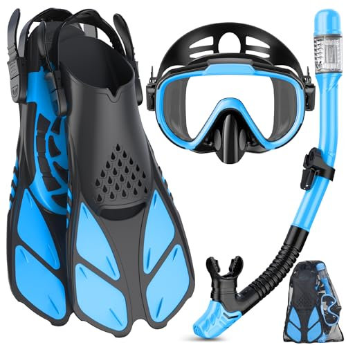 Ubekezele Schnorchelausrüstung für Erwachsene, Männer und Frauen, 4-in-1-Schnorchel-Set mit Panoramablick, Tauchmaske, Anti-Beschlag, Anti-Auslauf, Dry Top Schnorchel, Flossen und Reisetasche zum
