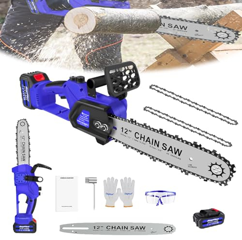 Hand Held Chainsaw 600W Cordless Chainsaw with Brushless Motor, 12 inch Electric Chainsaw with 4.0Ah Battery, 10m/S Chain Speed Powerful Chain Saw with Auto-Tension and Anti-Vibration