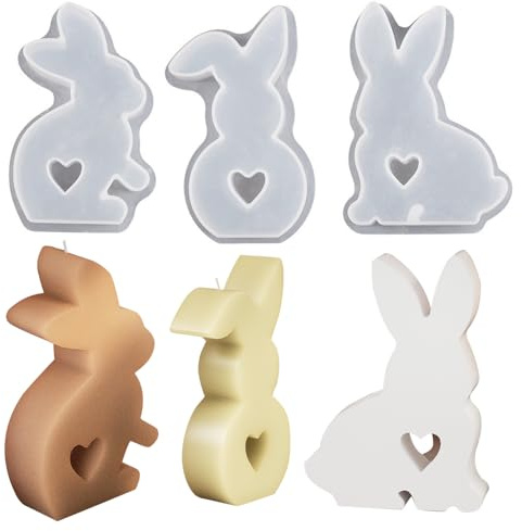 TheStriven 3 Stück Kaninchen Gießformen Silikon 3D Osterhase Kerzenformen Kaninchen Kerze Silikonform Osterhase Silikon Form Seifenform Silikon Backform für Tortendeko, Schokolade, Seife (B)