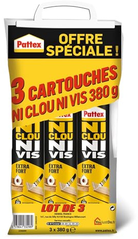 Pattex Ni Clou Ni Vis- Fix Extra Fort (lot de 3 cartouches de 380 g) – Colle de fixation à maintien immédiat pour usage intérieur – Blanc