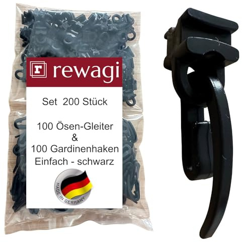 rewagi 100 Gardinenhaken Einfach & 100 Ösen-Gleiter SUW für Gardinenschiene – weiß/schwarz, Faltenhaken, Faltenlegehaken, Überklipshaken (schwarz)