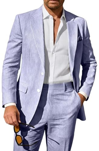 BONOW Mens Seersucker Suit Lightweight Casual Summer Grooms Slim Fit Sear Sucker Suit Pants Set for Beach Wedding Blue L