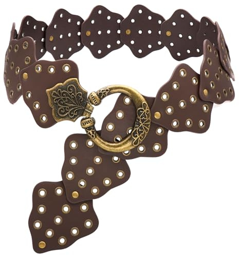 Liutufy Breiter Scheibengürtel für Damen, Vintage, hohl, Boho-Ledergürtel, Westerngürtel, klobiger Taillengürtel, Cowboy-Metallschnalle, Concho-, Blattbraun a, M: 120cm/47.2in