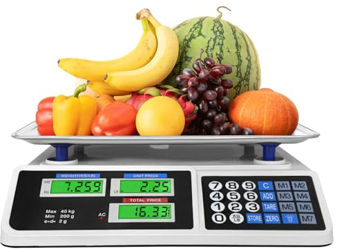 Bilancia digitale da 40 kg, con piattaforma grande in acciaio inox, bilancia da cucina con doppio display LCD per mercato agricolo, punti vendita, negozi di carne, gastronomia