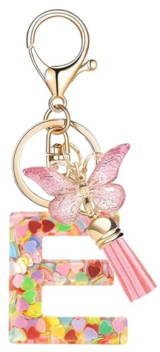 Nodigao Schlüsselanhänger mit Schlaufen für Mädchen Damen Frauen mit Quasten Rosa Schmetterling Buchstabe Schlüssel Taschenanhänger