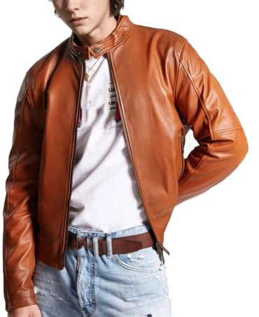 Vsadsau Braune Herren-Jacke aus Schaffell, Stehkragen, Reißverschluss, kurze Mäntel mit Reißverschlusstaschen, Racerjacke, burgunderfarben, XXL