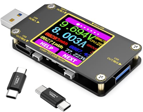 YEREADW USB Tester Messgerät USB C Strommessgerät Power Meter Digital Multimeter, Voltmeter Spannung Strom, Ladestrom Leistungskapazität Detektor Amperemeter mit Typ-C Adapter (A3)