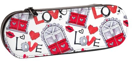 WURTON Federmäppchen aus Leder, Motiv: rote Herzen, Lippen und Liebe, kompakt und vielseitig, Stifteetui aus Leder