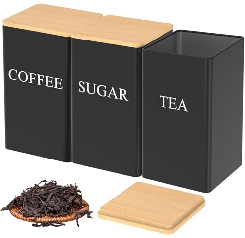 Caffney 3Pcs Tea Coffee Sugar Canisters 1000 ML Metal Teas and Coffee Canisters Set with Airtight Bamboo Lid and Name Marker Square Snack Canister Set for Kitchen Counter Storage