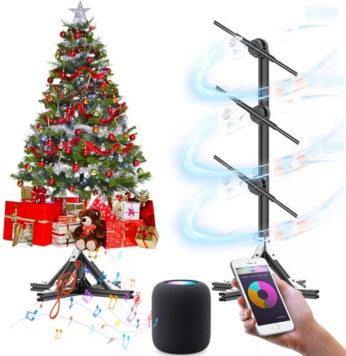 Projecteur vidéo Hologramme LED 3D avec Musique, Affichage publicitaire holographique de 45 cm, projecteur de Ventilateur LED avec Support et WiFi/APP/télécommandes, Mur vidéo 1x3 pour Exposition