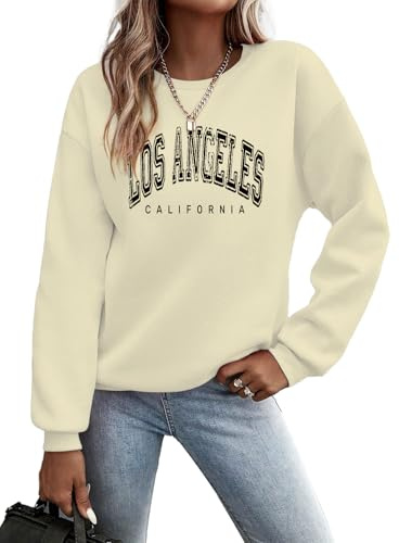 Cuptacc Sweatshirt Damen Pullover Winter Sport Oberteile Damen Los Angeles Rundhalsausschnitt Langarm Shirt Beige Mittel M 38-40