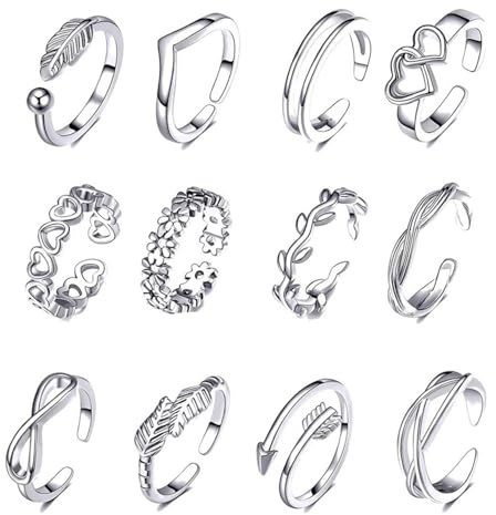 Fizzix Adjustable Toe Rings for Women – 12 Stylish Silver, Comfortable & Fashionable, Adjustable Fit, Perfect for Summer & Gifts
