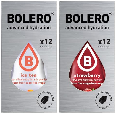 SET 24 BOLERO bustine da 3 grammi 12 Ice Tea Peach Pesca + 12 Strawberry Fragola Preparato istantaneo per Bevande con Stevia e Vitamina C e Senza Zucchero