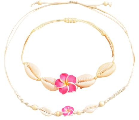 IFUDE 2 Stück Muschelkette Damen Muschel Armband Set,Natürliche Muschel Kette,Natürliche Muschelarmband,Verstellbares Boho Schmuck Set,Hawaii Accessoires Mädchen Sommer Strand Schmuck