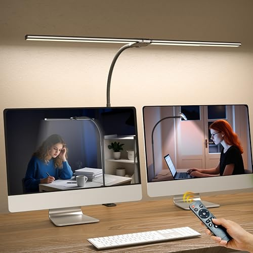 Doppelkopf Schreibtischlampe LED Dimmbar，1200 Lumen Schreibtischleuchte klemmbar mit 5 Farbtemperaturen und 5 Helligkeiten für Home Office，Augenschutz büro tischlampe mit Schwanenhals,Monitor Lampe