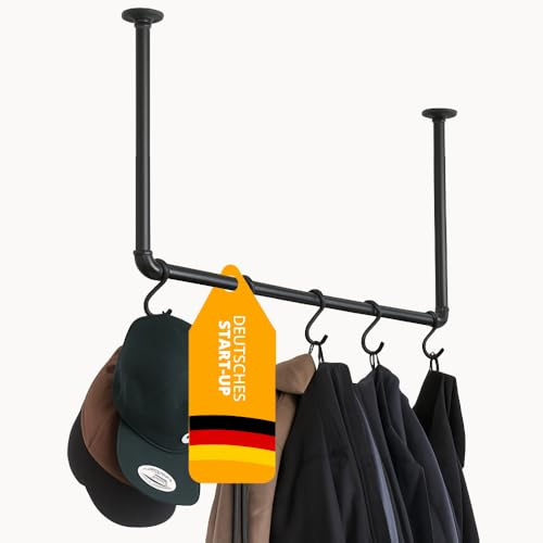 KLEIDEREISEN Kleiderstange deckenmontage - Traglast über 60kg - Geeignet als Garderobe im Flur, Eingangsbereich, Ankleidezimmer - industrial Garderobenstange schwarz
