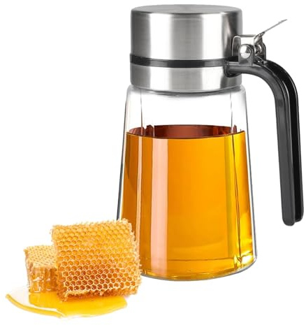 ZoeQide Honigspender aus Glas 400 ml Sirupspender mit Edelstahlausgießer | Ergonomischer Griff und große Öffnung erleichtern das Befüllen während der Füllstand an Kaffeebar und Frühstückstisch hilft