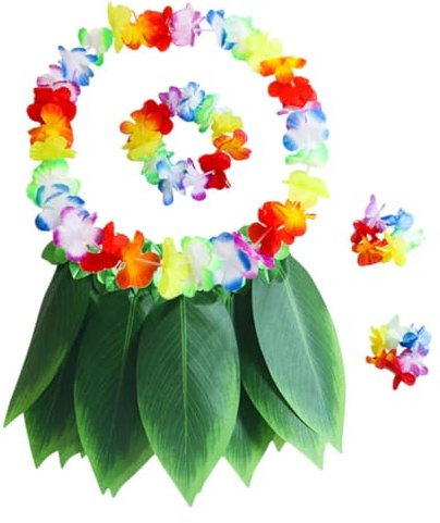 IMIKEYA Falda de Hojas Hawaiana 5 Piezas para Fiesta Temática | Tejido Elástico, Ajuste Ceñido, Incluye Pulseras, Collar y Diadema Decorativa